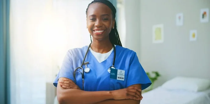 A healthcare professional smiling
