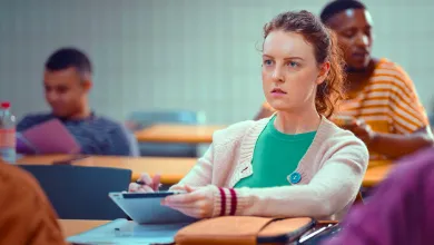 A student studies in a classroom