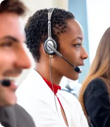 A woman talking through a headset